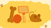 Set of pet toys including a bone, ball, brush, and mouse on a yellow background with paw prints.
