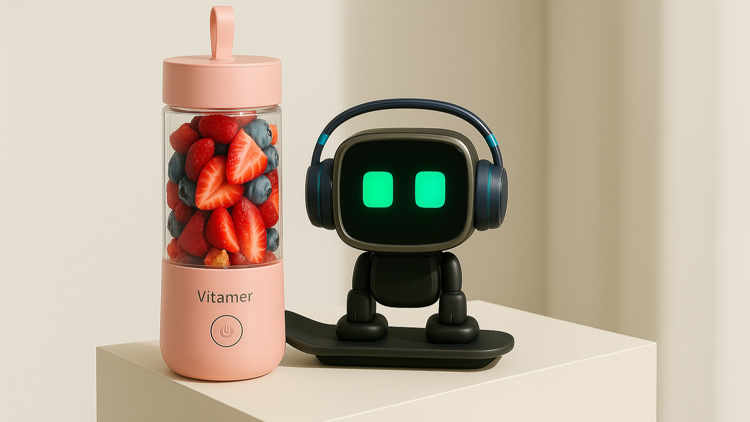 Pink Vitamer fruit water bottle with a robot-like device on a beige background